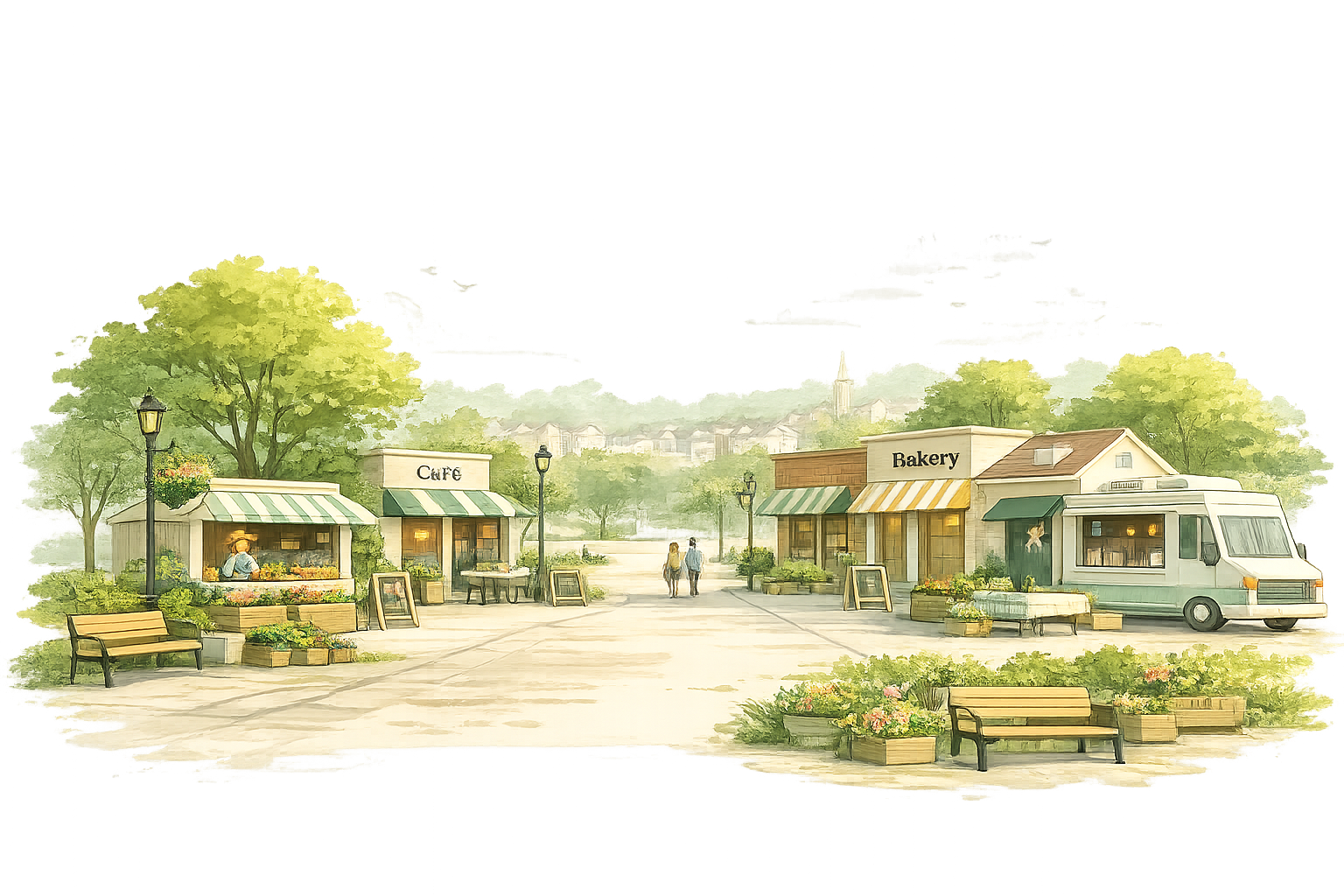 Local businesses — cafe, bakery, food truck